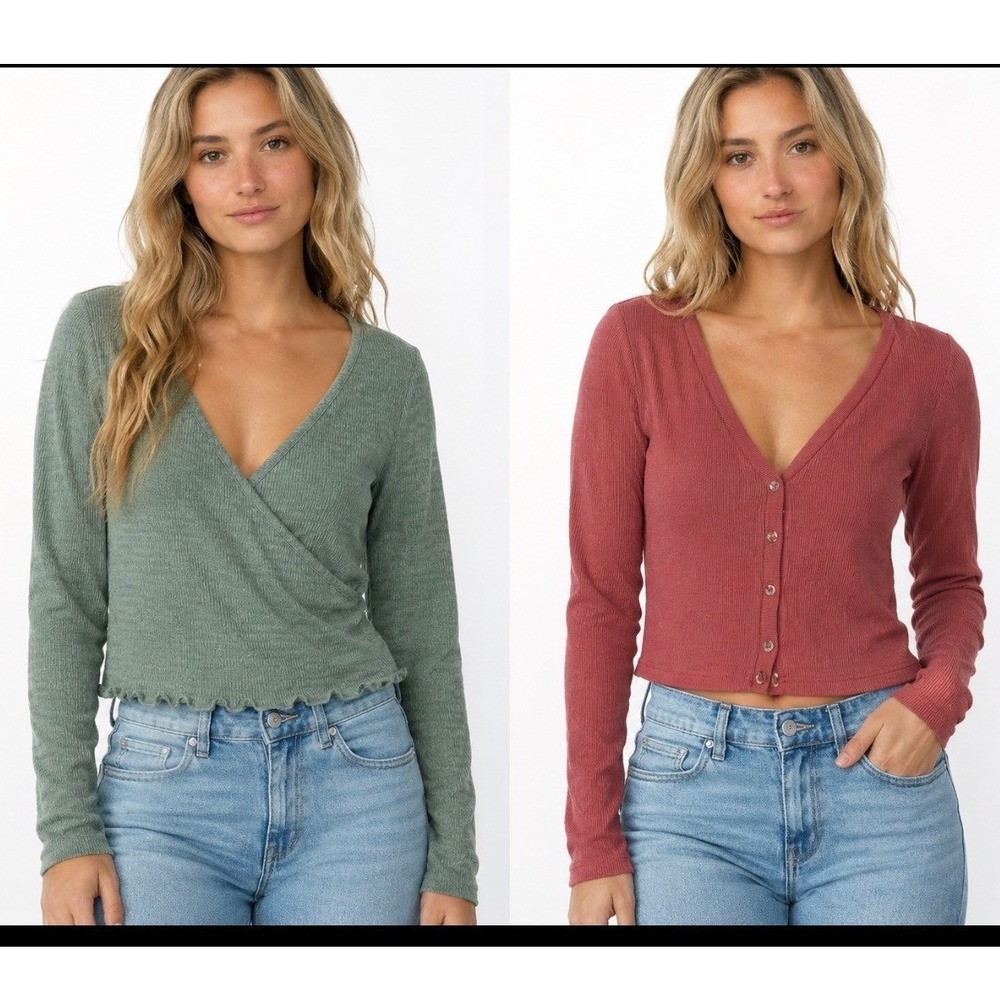 LOT Paper Crane Womens Medium Sage Green Smocked Wrap Top Rust Ribbed Cardigan M